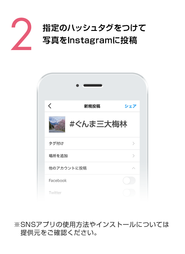 指定のハッシュタグをつけて写真をInstagramに投稿　（※SNSアプリの使用方法やインストールについては提供元をご確認ください。）