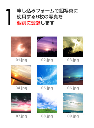 申し込みフォームで組写真に使用する９枚の写真を個別に登録します